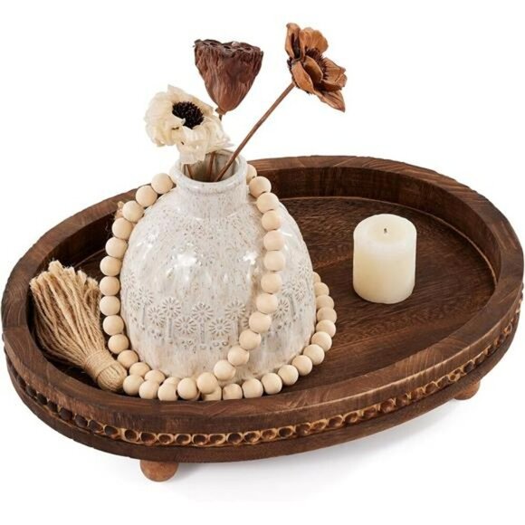 Wood Beaded Farmhouse Tray Oval Wooden Coffee Table Decor Serving Kitchen - Picture 1 of 7